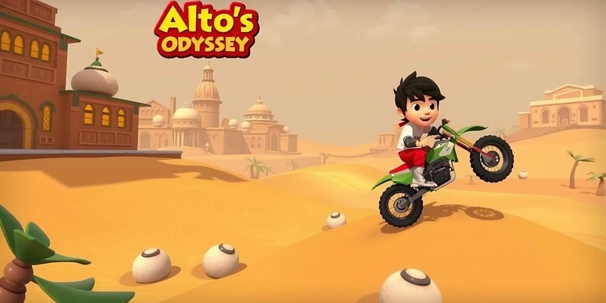 Alto's Odyssey India Edition - Gameplay Screenshot Alto's Odyssey India Edition gameplay showing character performing tricks on sand dunes with Indian village in background